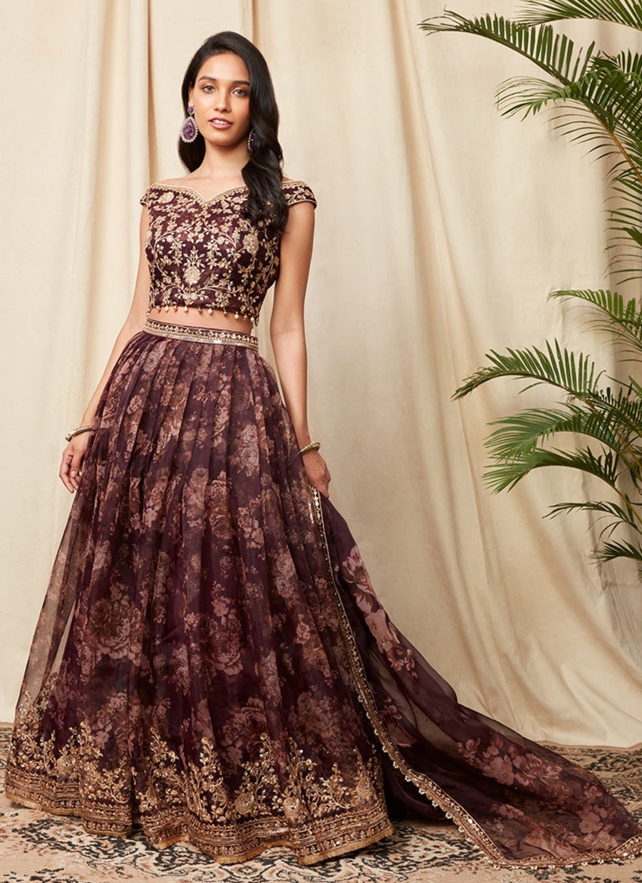 Women Lashkaraa | Deep Purple Floral Organza Lehenga