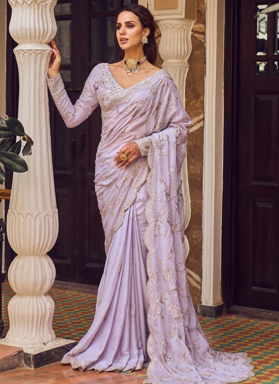 Women Lashkaraa | Lavender Embroidered Saree