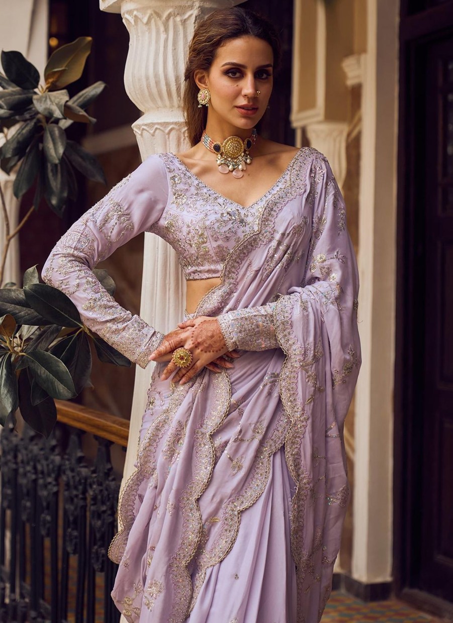 Women Lashkaraa | Lavender Embroidered Saree