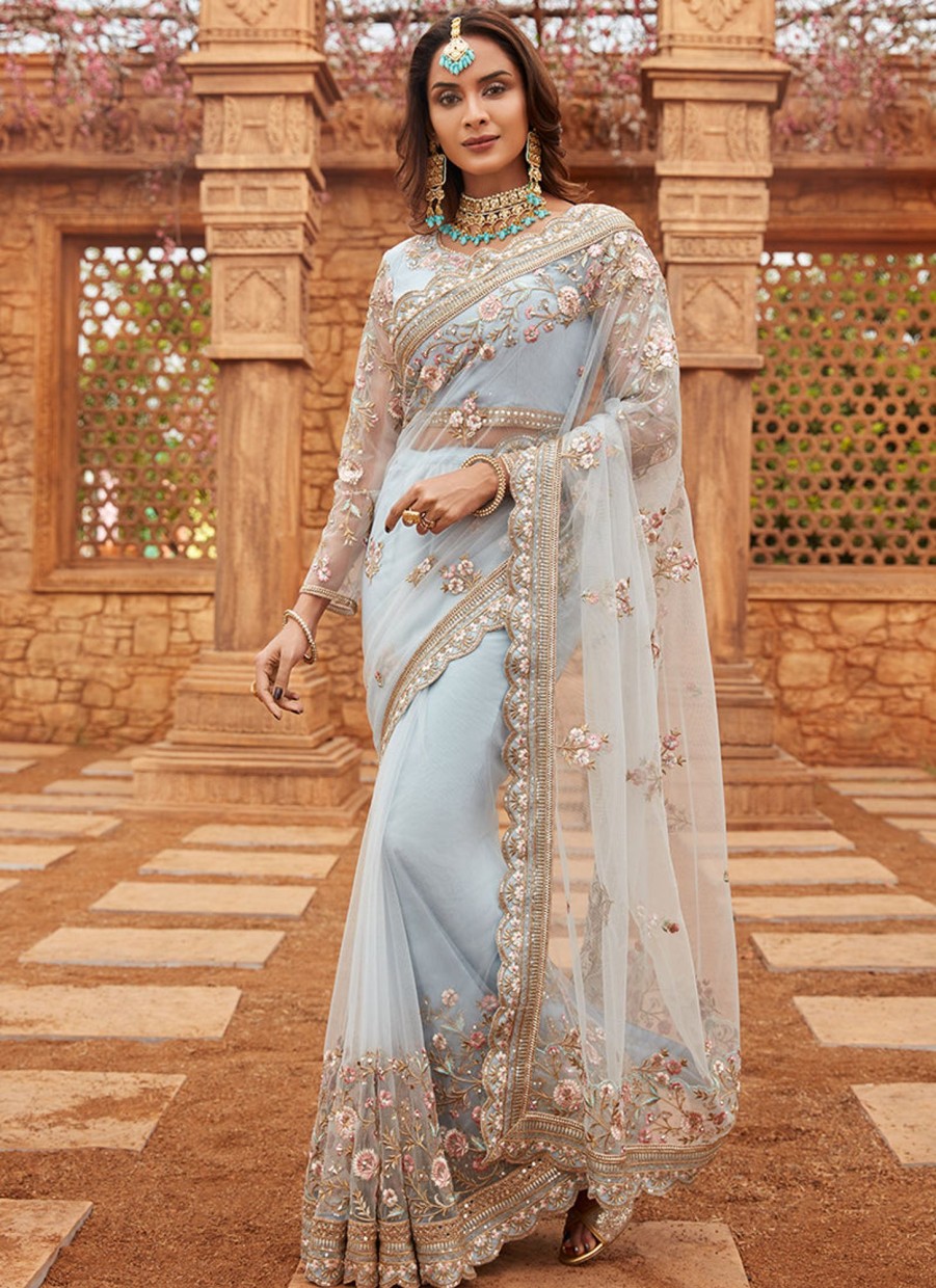 Women Lashkaraa | Light Dusty Blue Embroidered Net Saree