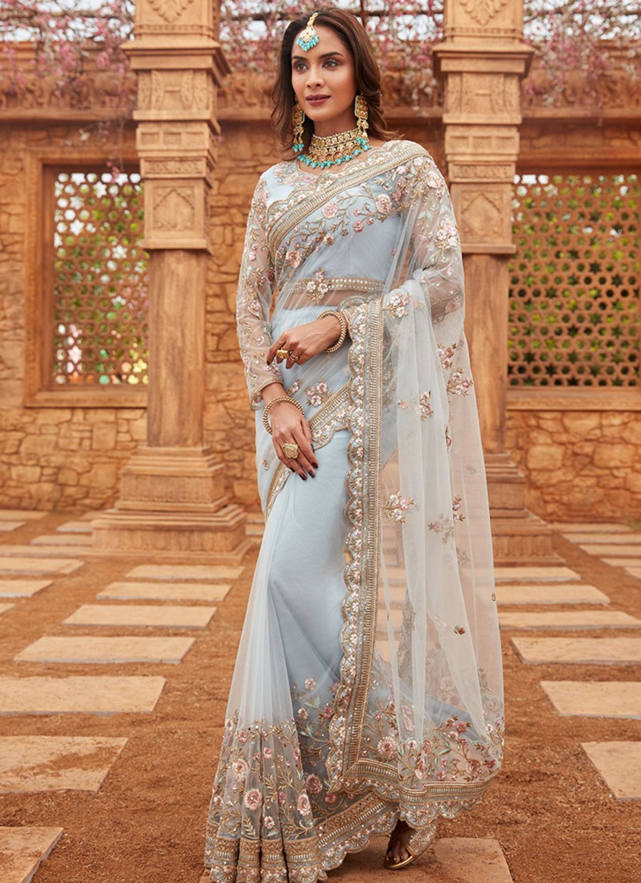 Women Lashkaraa | Light Dusty Blue Embroidered Net Saree