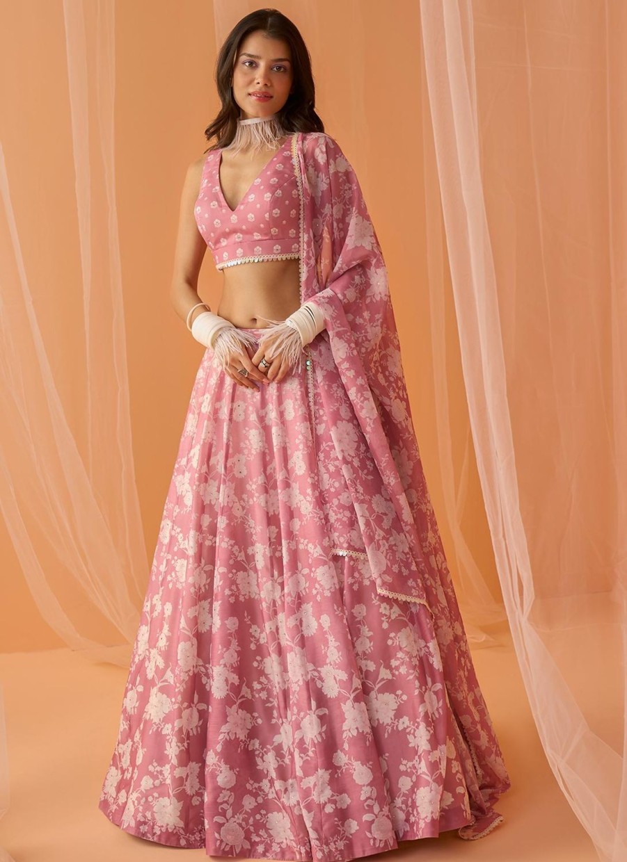 Women Lashkaraa | Dusty Pink White Floral Printed Lehenga