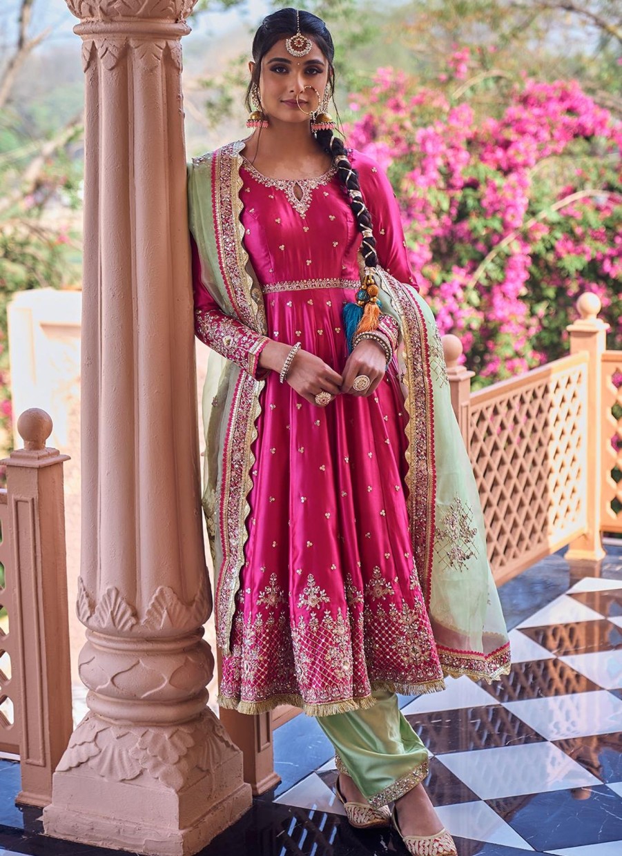 Women Lashkaraa | Hot Pink And Green Embroidered Patiala Suit