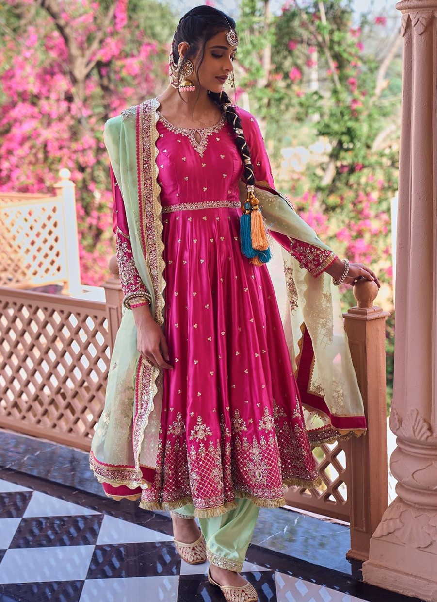 Women Lashkaraa | Hot Pink And Green Embroidered Patiala Suit