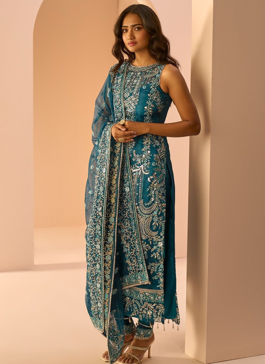 Women Lashkaraa | Dark Teal Embroidered Straight Suit