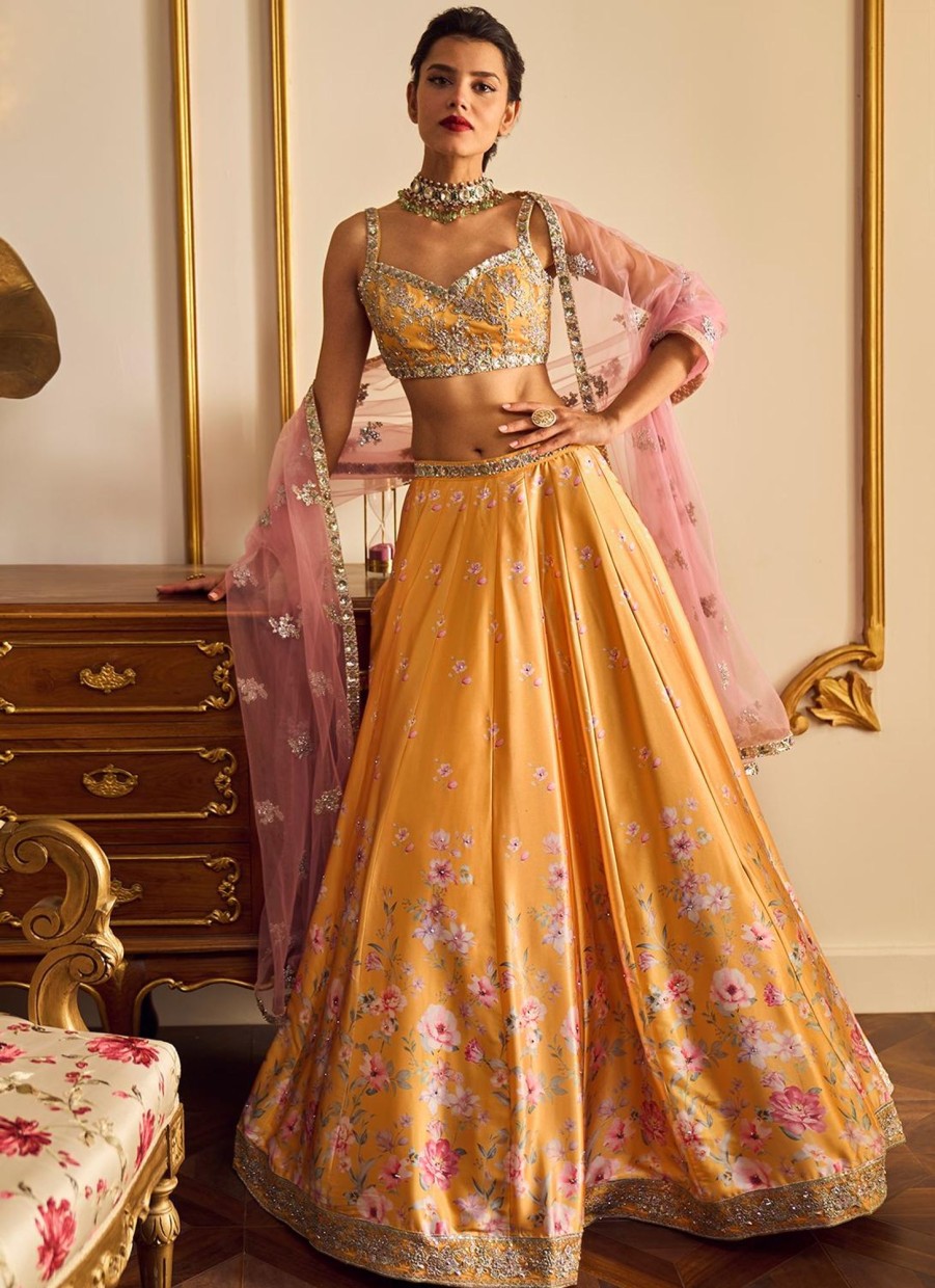 Women Lashkaraa | Yellow And Pink Floral Printed Lehenga