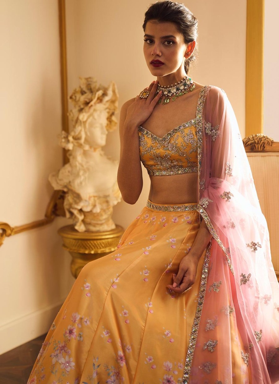 Women Lashkaraa | Yellow And Pink Floral Printed Lehenga