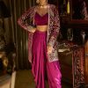 Women Lashkaraa | Magenta Embroidered Velvet Suit With Jacket