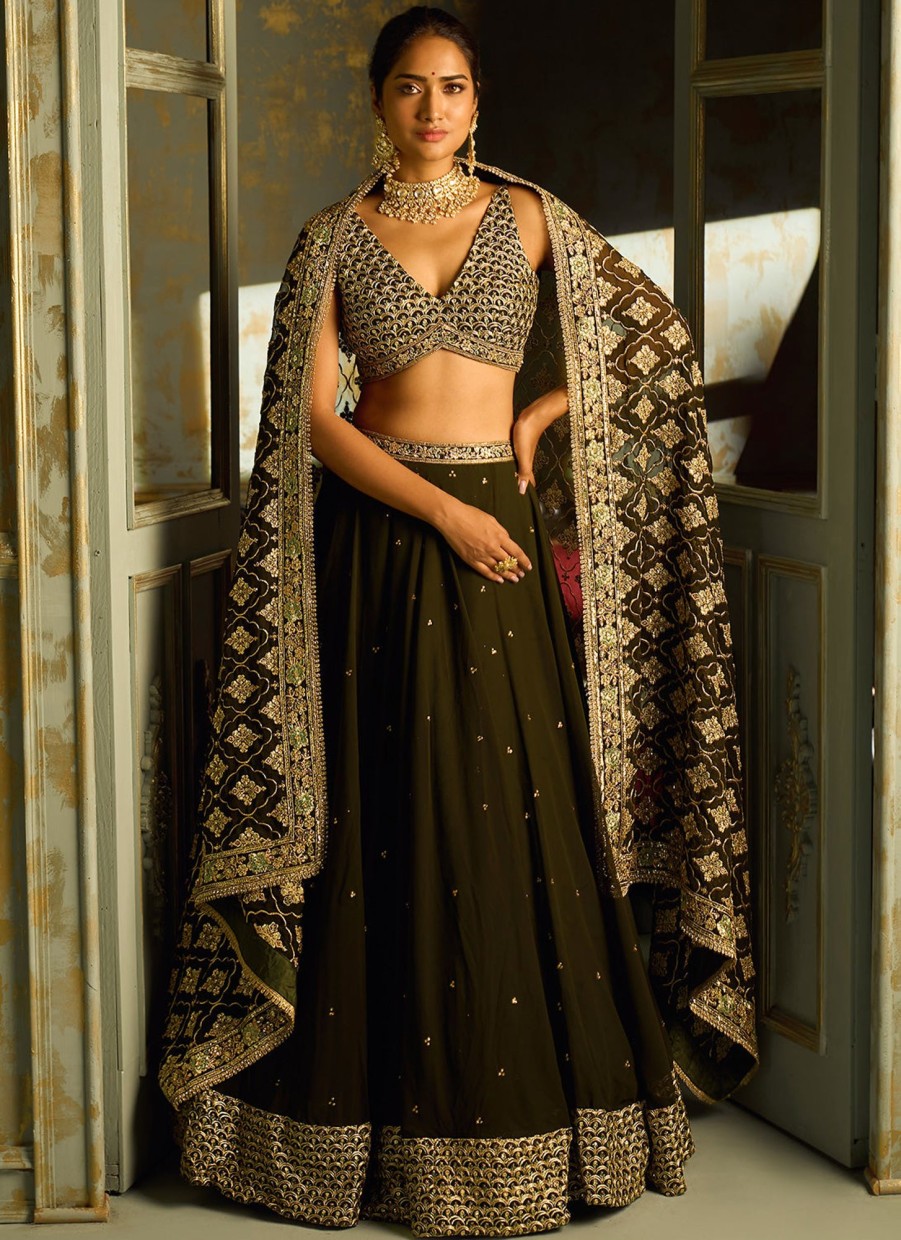 Women Lashkaraa | Dark Green Embroidered Lehenga