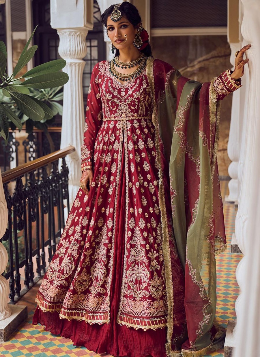 Women Lashkaraa | Maroon Embroidered Anarkali Style Lehenga