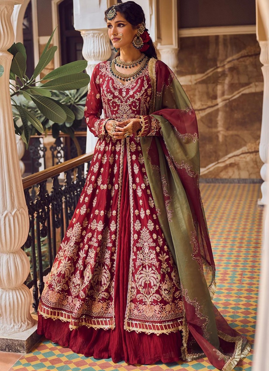 Women Lashkaraa | Maroon Embroidered Anarkali Style Lehenga