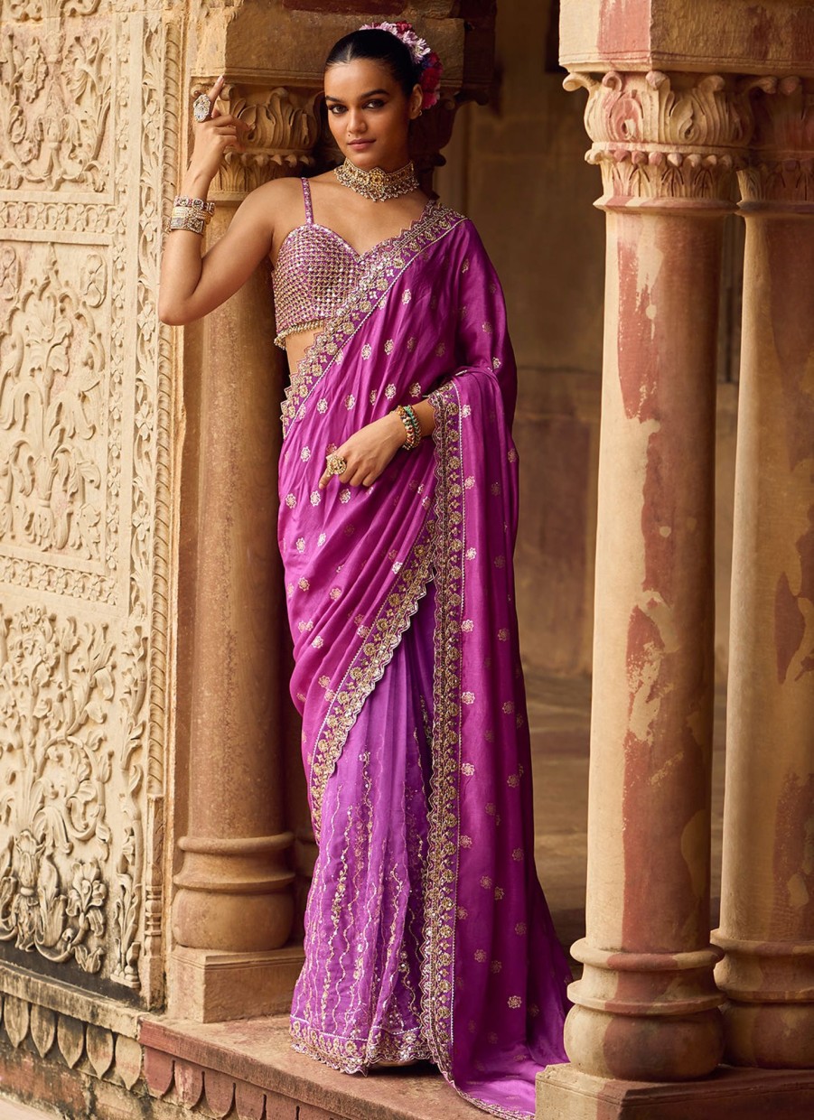 Women Lashkaraa | Purple Embroidered Brocade Saree