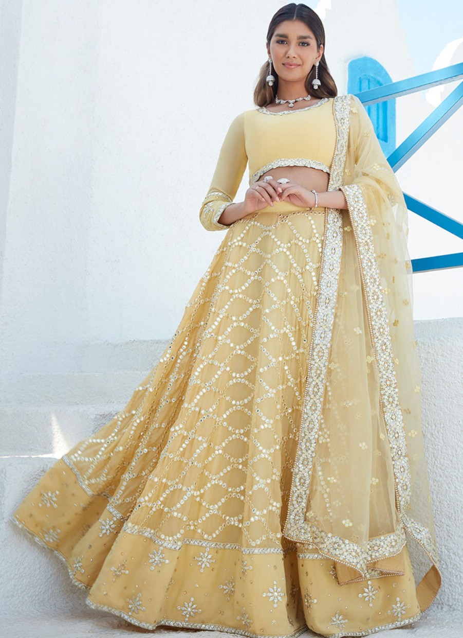 Women Lashkaraa | Yellow Embroidered Georgette Lehenga