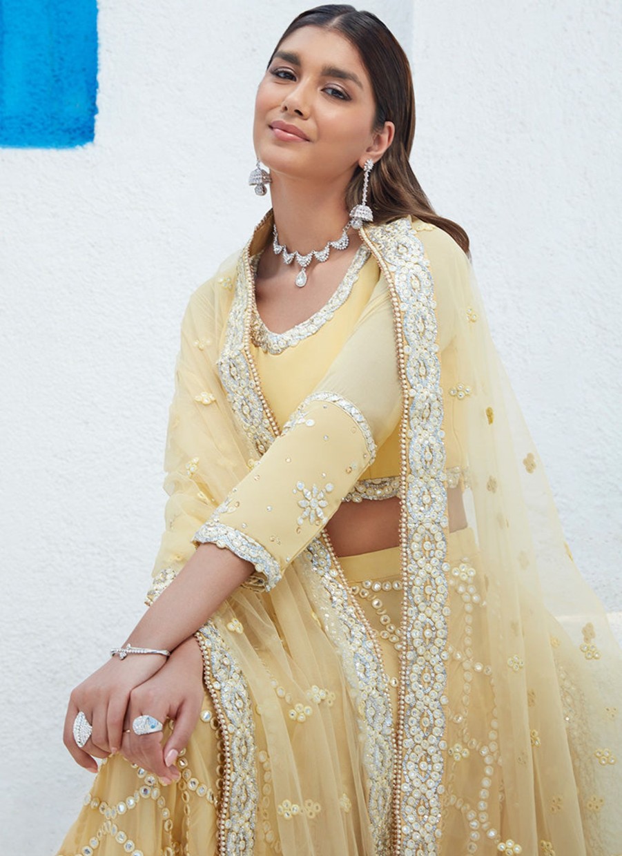 Women Lashkaraa | Yellow Embroidered Georgette Lehenga