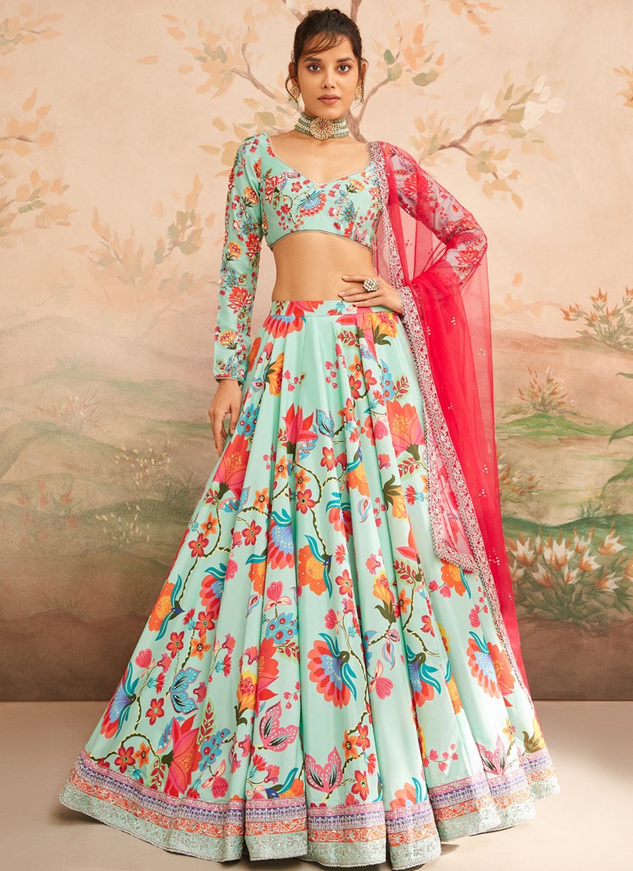 Women Lashkaraa | Mint Green Floral Printed Lehenga