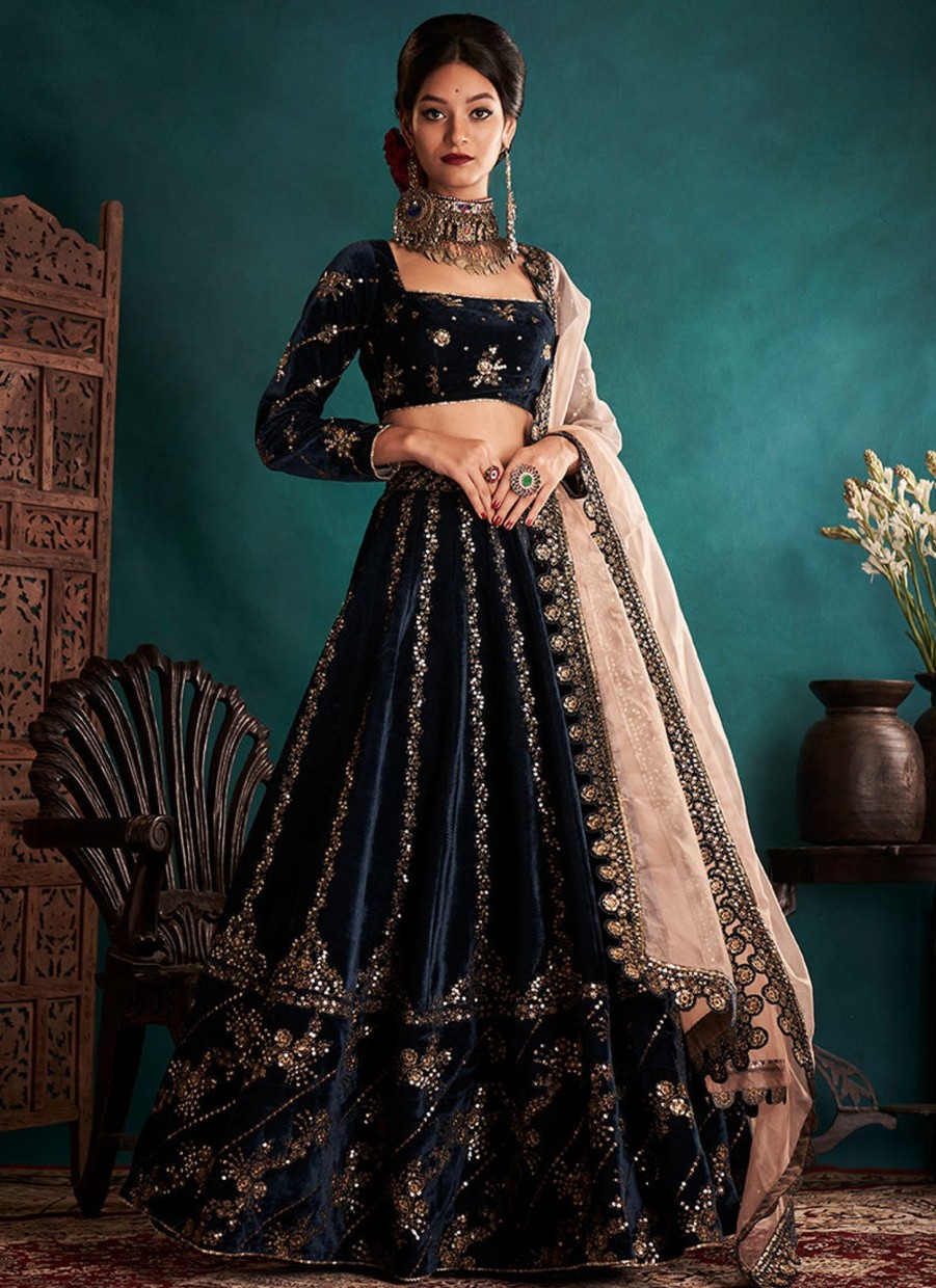 Women Lashkaraa | Dark Blue And Gold Embroidered Velvet Lehenga