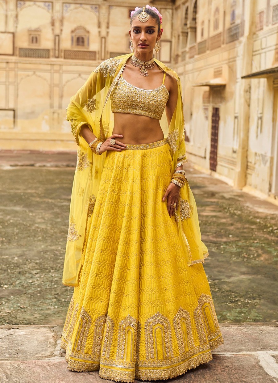 Women Lashkaraa | Yellow Embroidered Brocade Lehenga