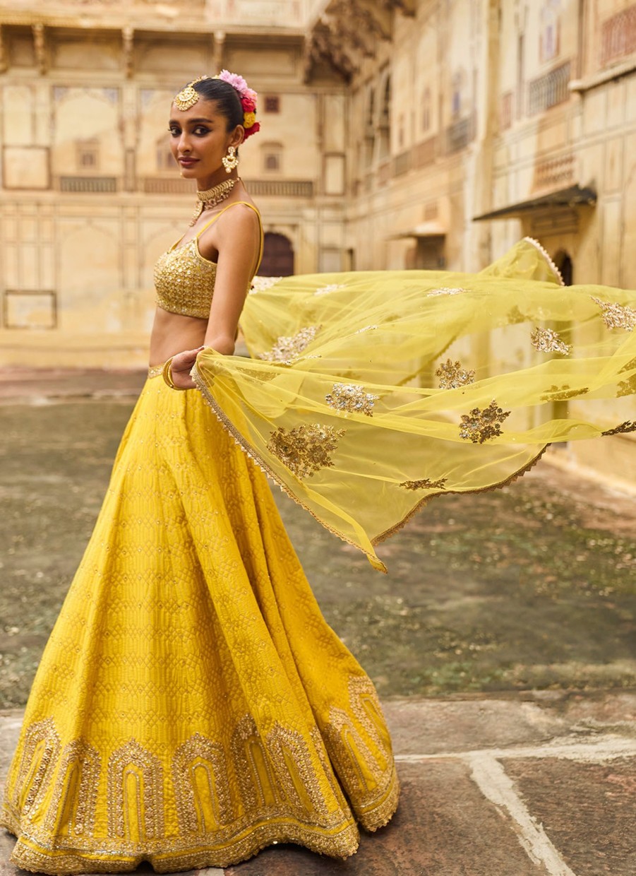 Women Lashkaraa | Yellow Embroidered Brocade Lehenga