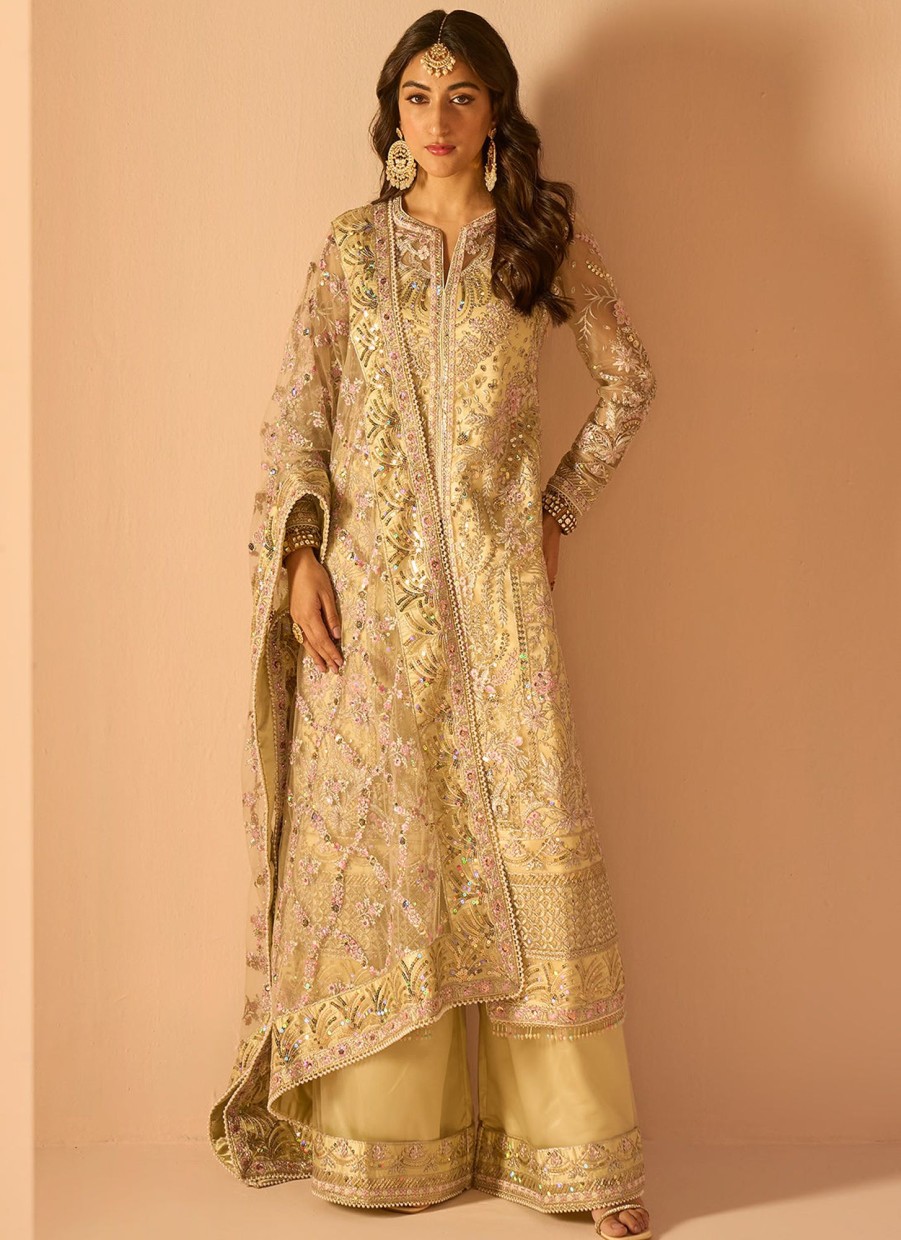 Women Lashkaraa | Light Yellow Embroidered Palazzo Suit