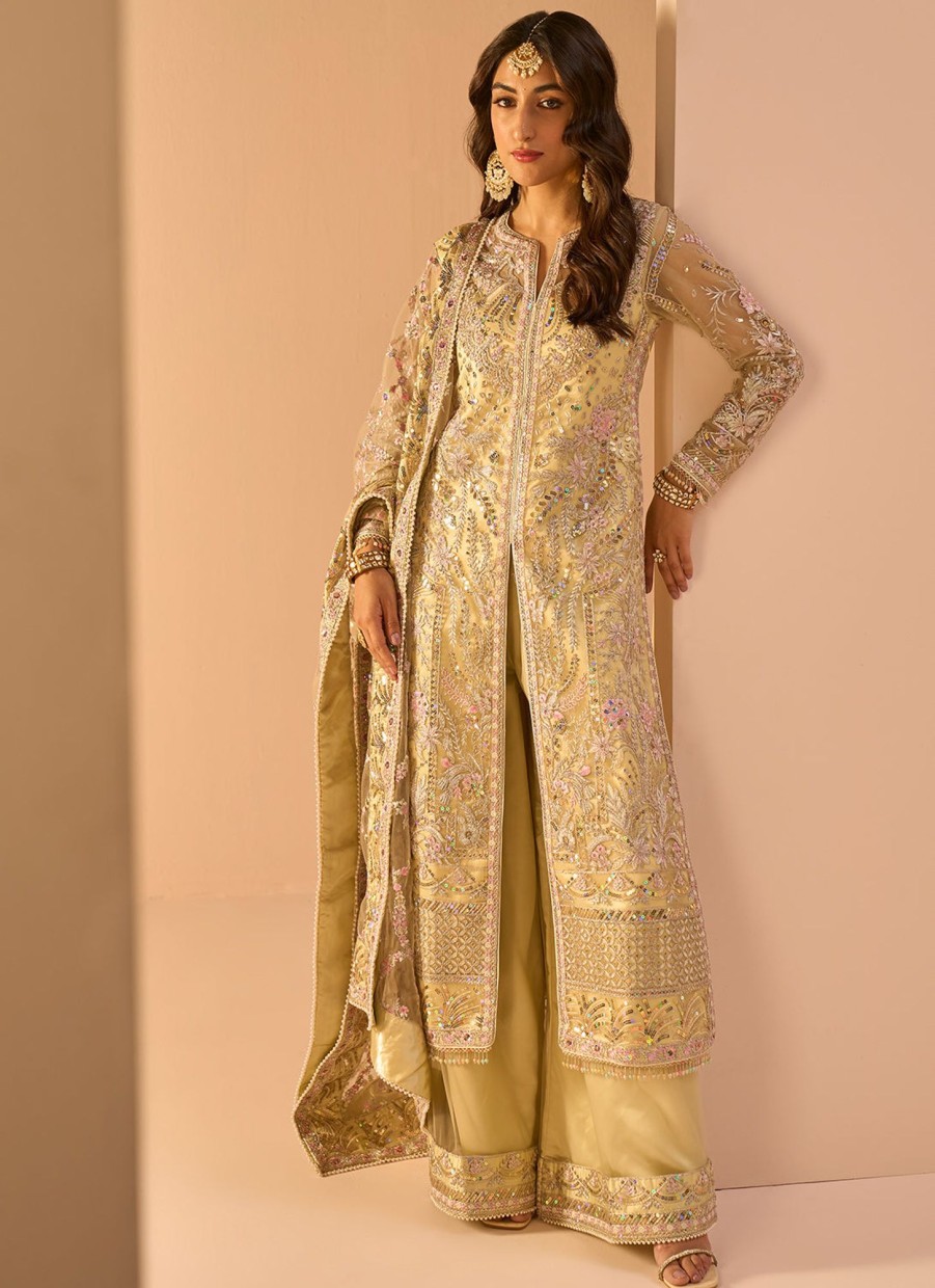 Women Lashkaraa | Light Yellow Embroidered Palazzo Suit