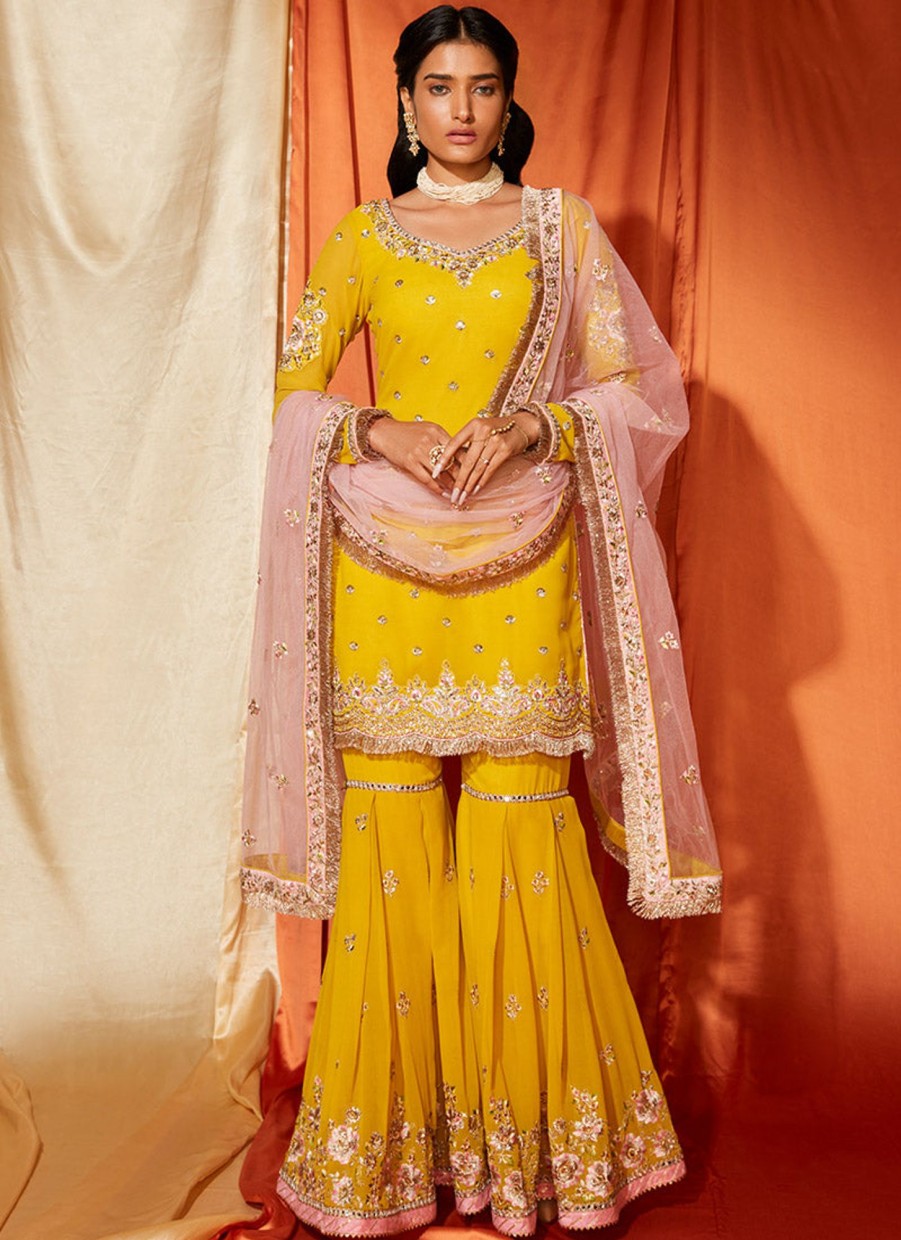 Women Lashkaraa | Mustard And Light Pink Georgette Gharara Suit