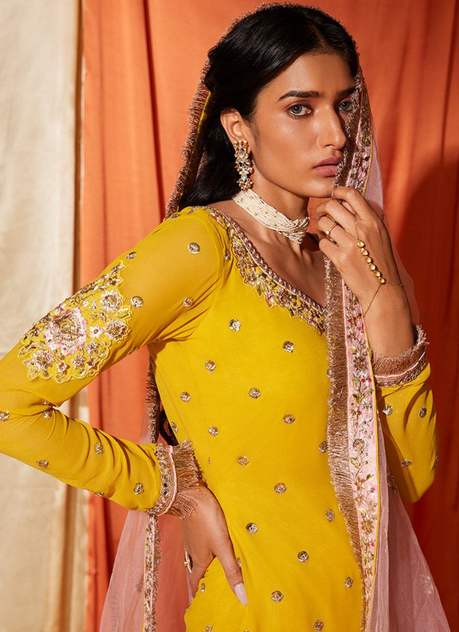 Women Lashkaraa | Mustard And Light Pink Georgette Gharara Suit