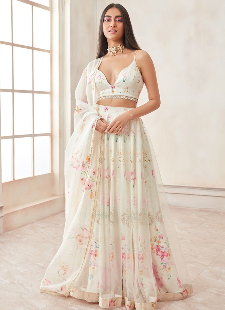 Women Lashkaraa | Off White Floral Printed Satin Lehenga