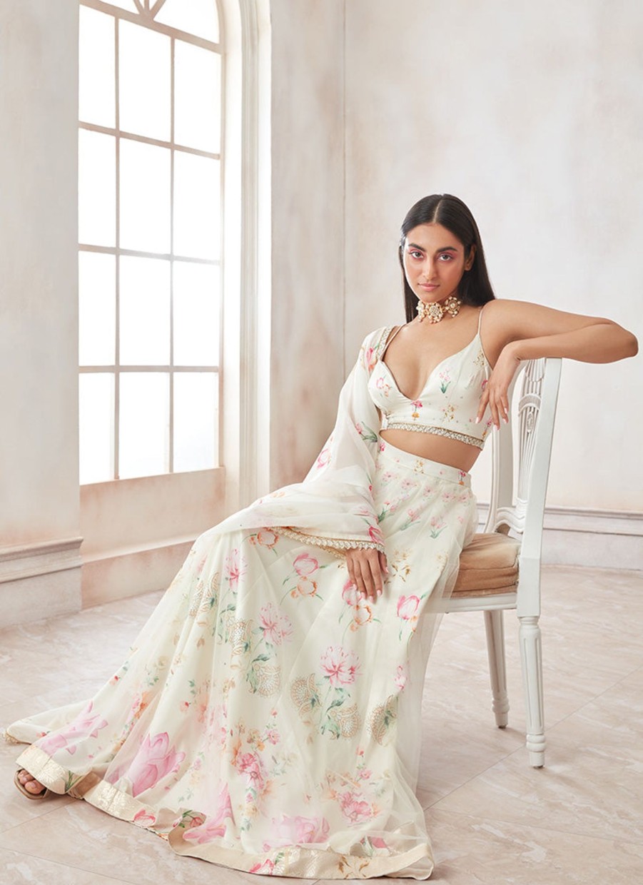 Women Lashkaraa | Off White Floral Printed Satin Lehenga