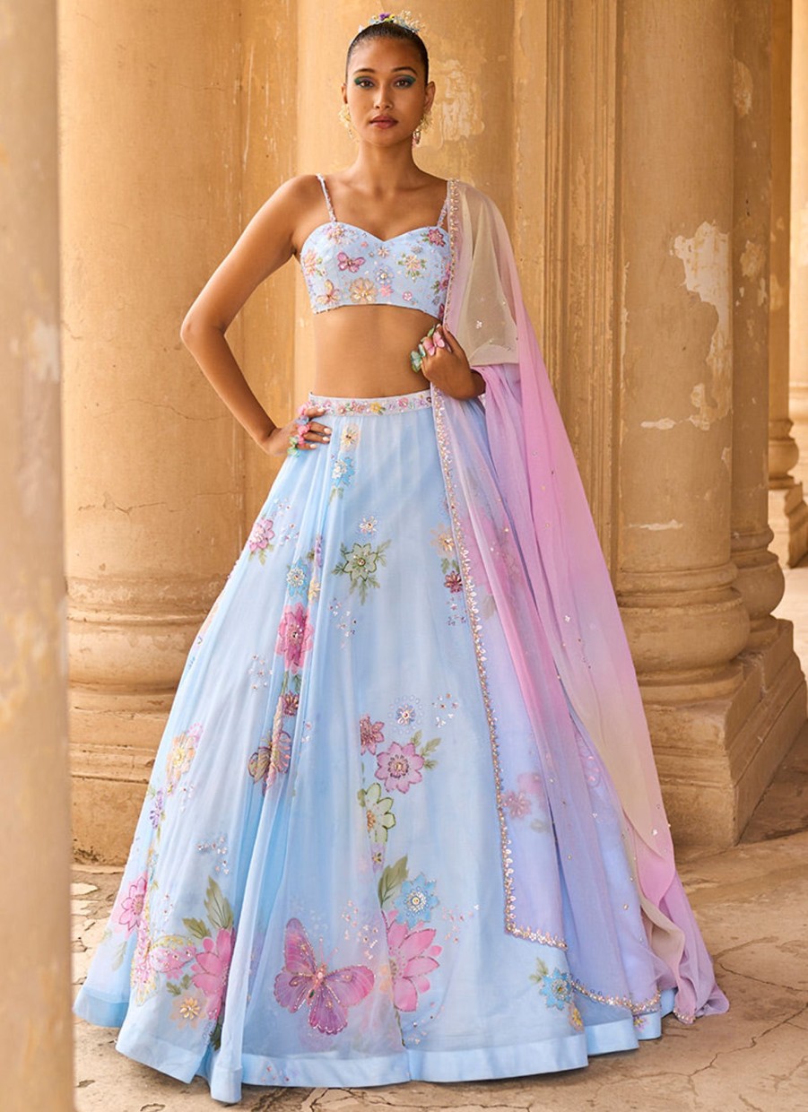 Women Lashkaraa | Light Blue Embellished Chiffon Lehenga