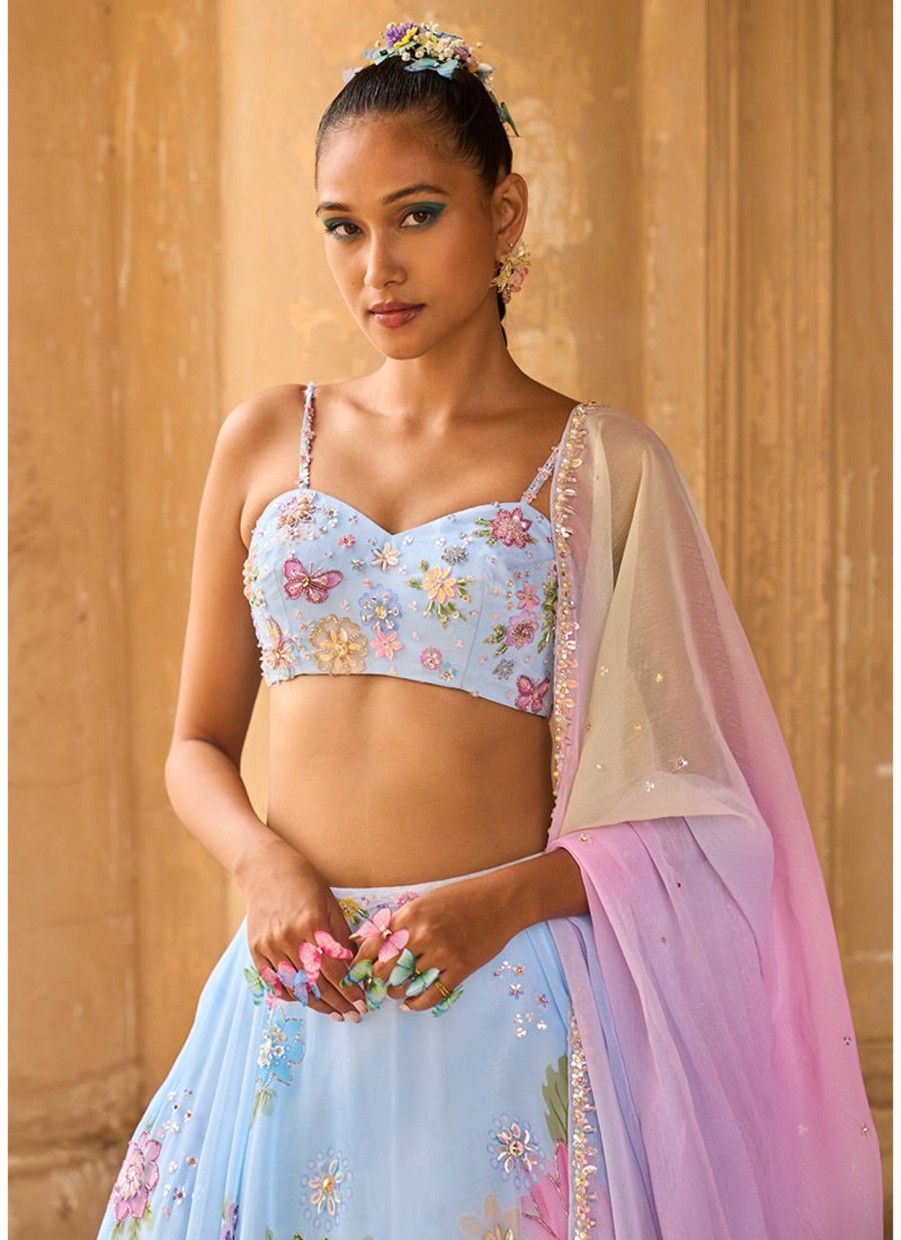 Women Lashkaraa | Light Blue Embellished Chiffon Lehenga