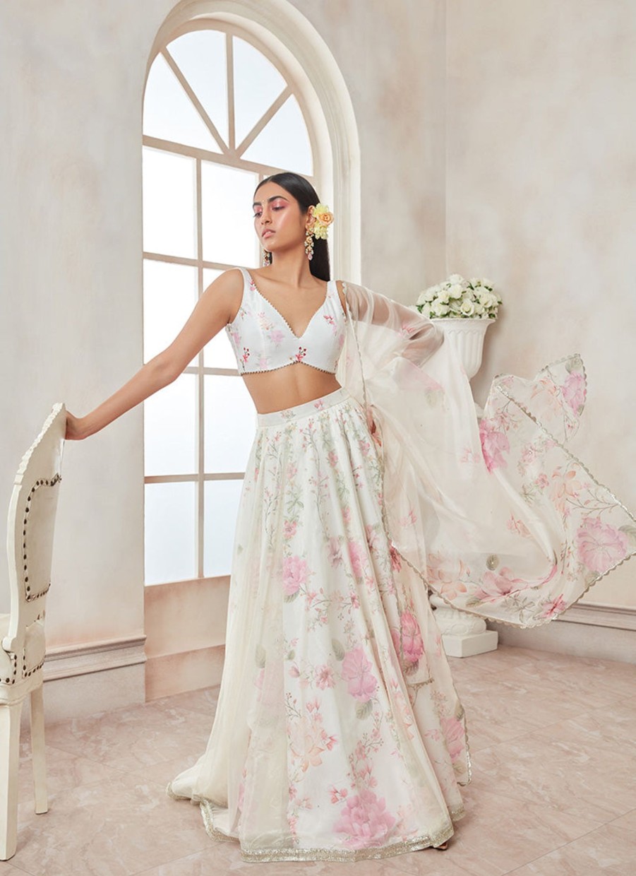 Women Lashkaraa | Off White And Pink Floral Printed Lehenga