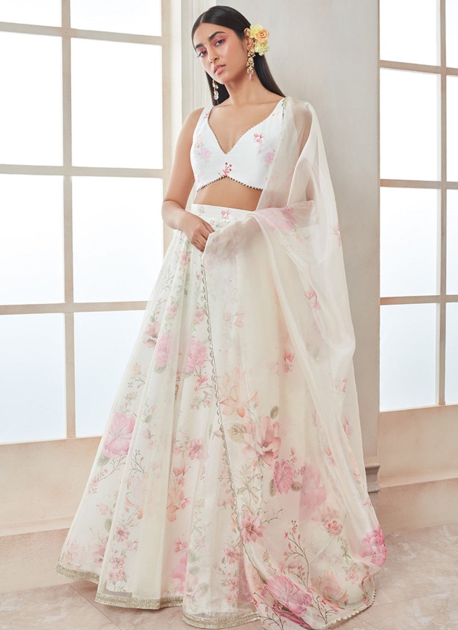 Women Lashkaraa | Off White And Pink Floral Printed Lehenga