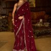 Women Lashkaraa | Burgundy Embroidered Velvet Saree