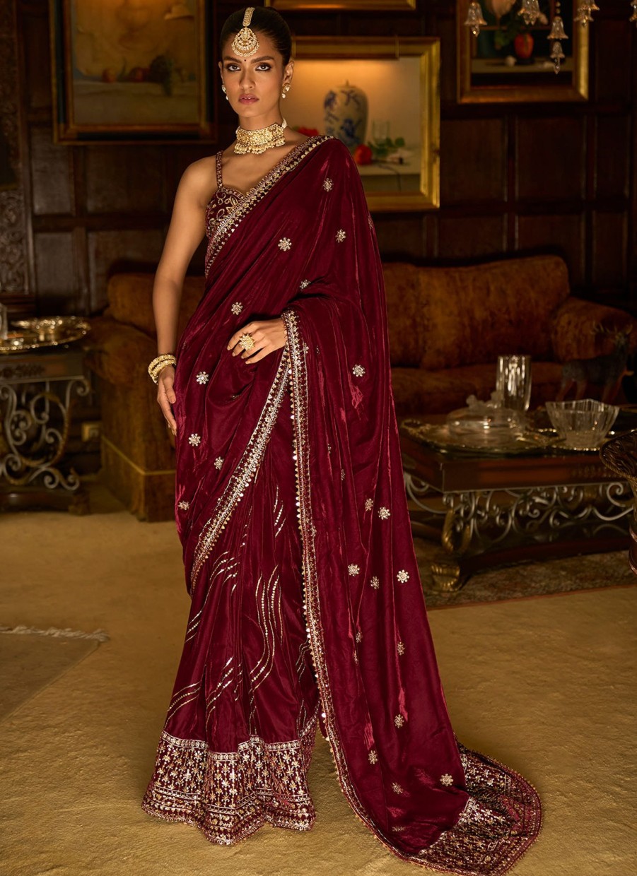 Women Lashkaraa | Burgundy Embroidered Velvet Saree