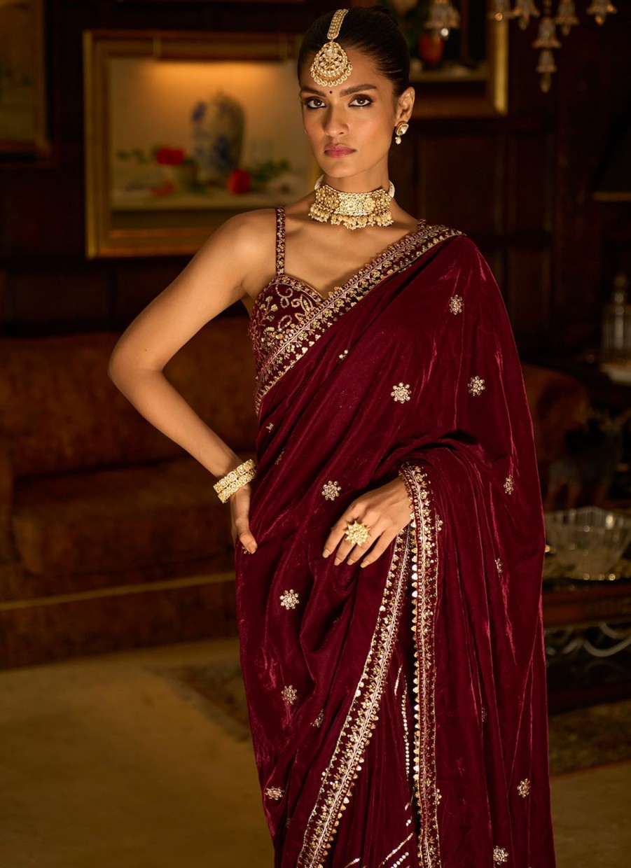 Women Lashkaraa | Burgundy Embroidered Velvet Saree