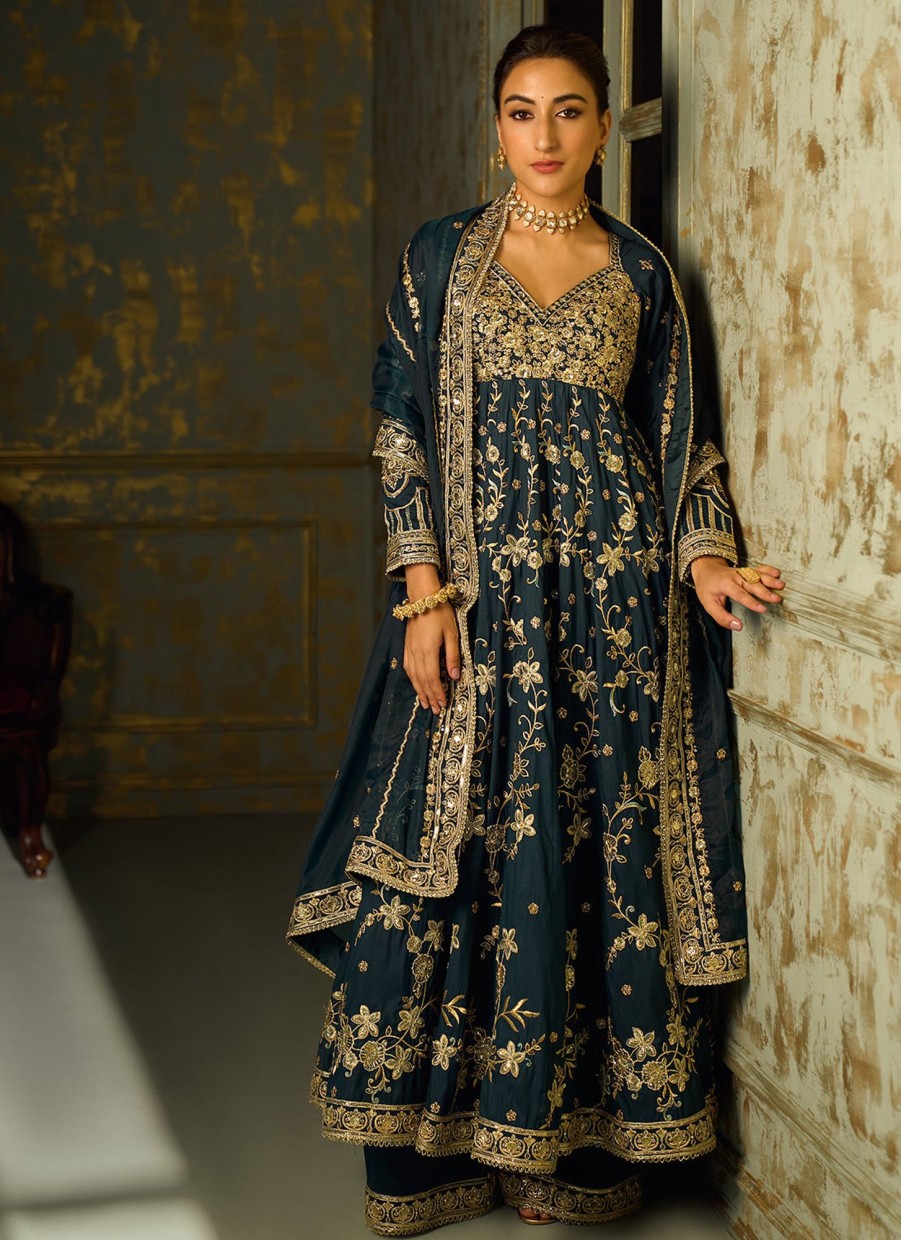 Women Lashkaraa | Dark Teal And Gold Embroidered Anarkali