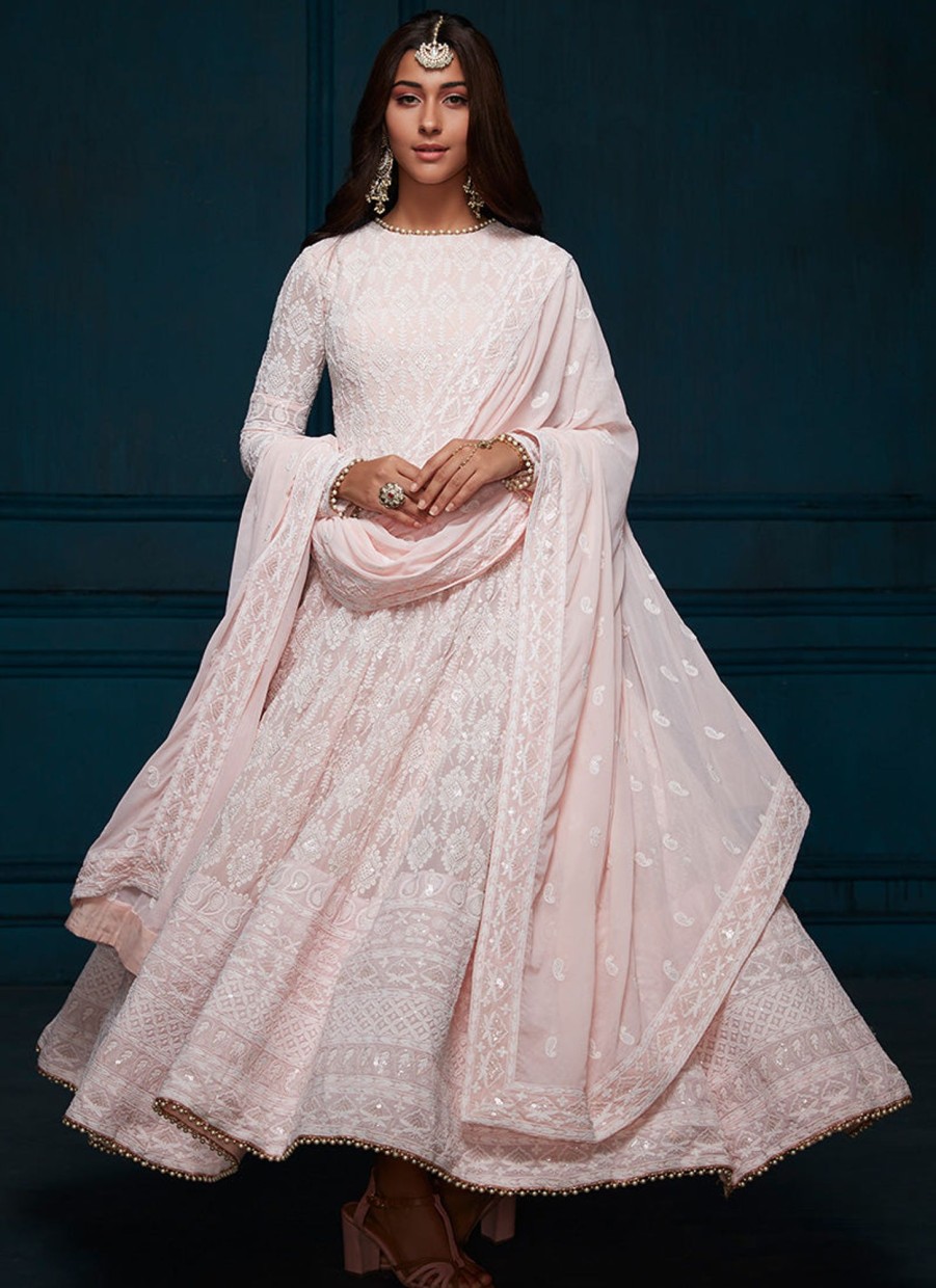 Women Lashkaraa | Light Pink Thread Embroidered Anarkali