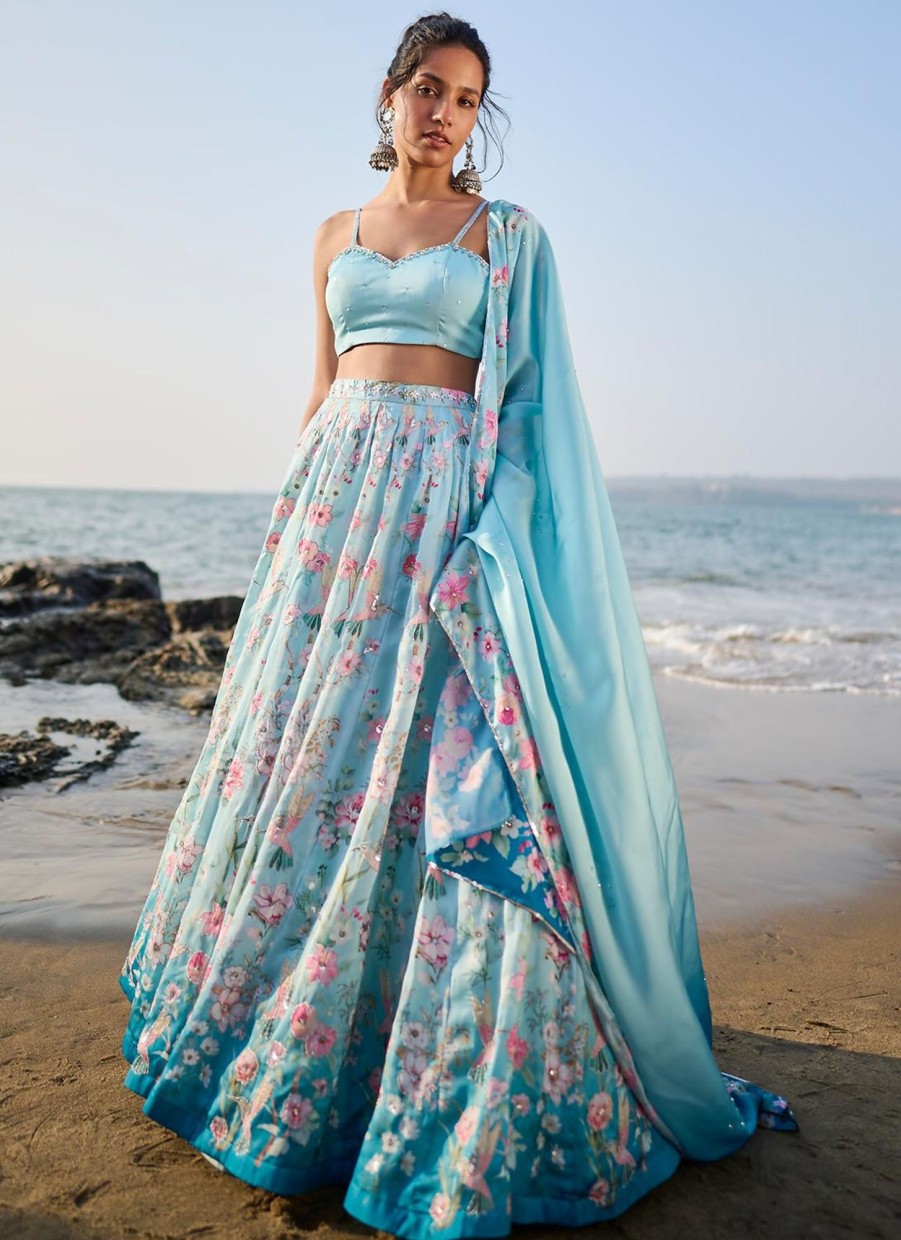 Women Lashkaraa | Light Blue Floral Printed Lehenga