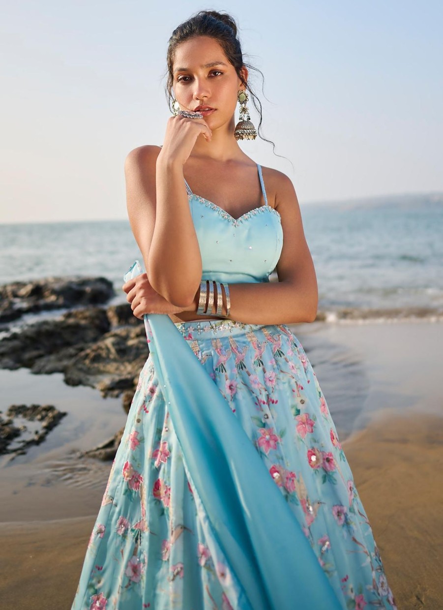 Women Lashkaraa | Light Blue Floral Printed Lehenga