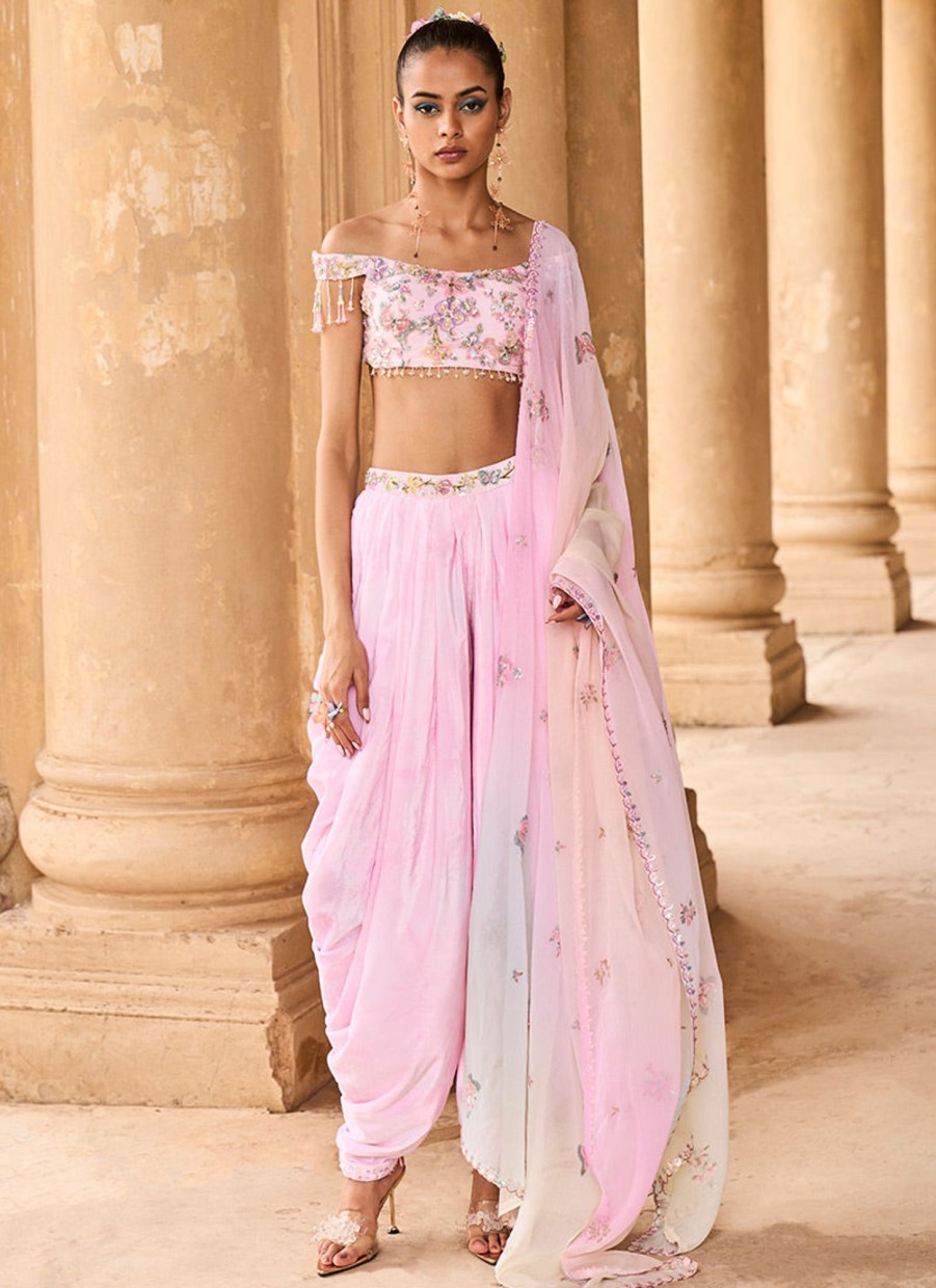 Women Lashkaraa | Soft Pink Off Shoulder Dhoti Style Suit