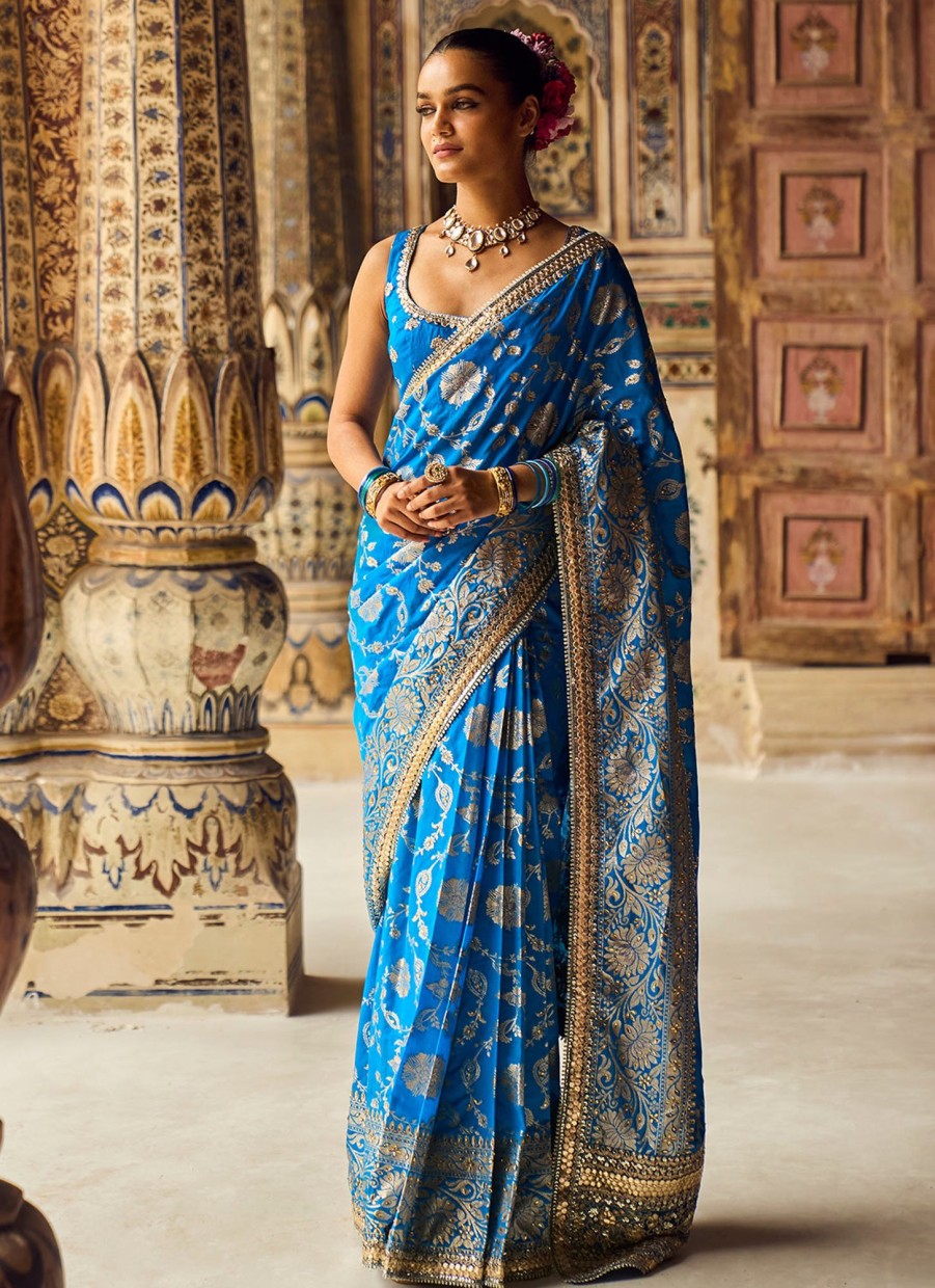 Women Lashkaraa | Blue Embroidered Brocade Saree