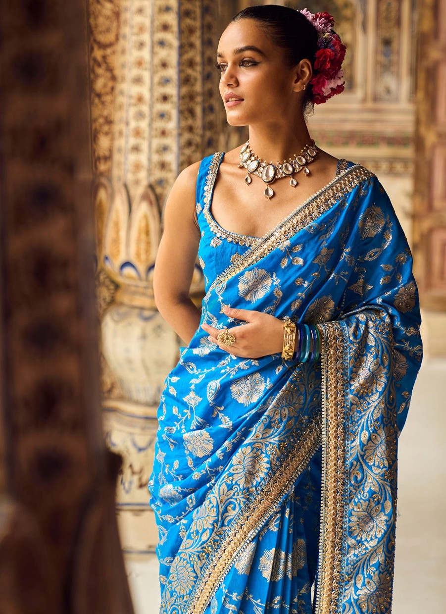 Women Lashkaraa | Blue Embroidered Brocade Saree