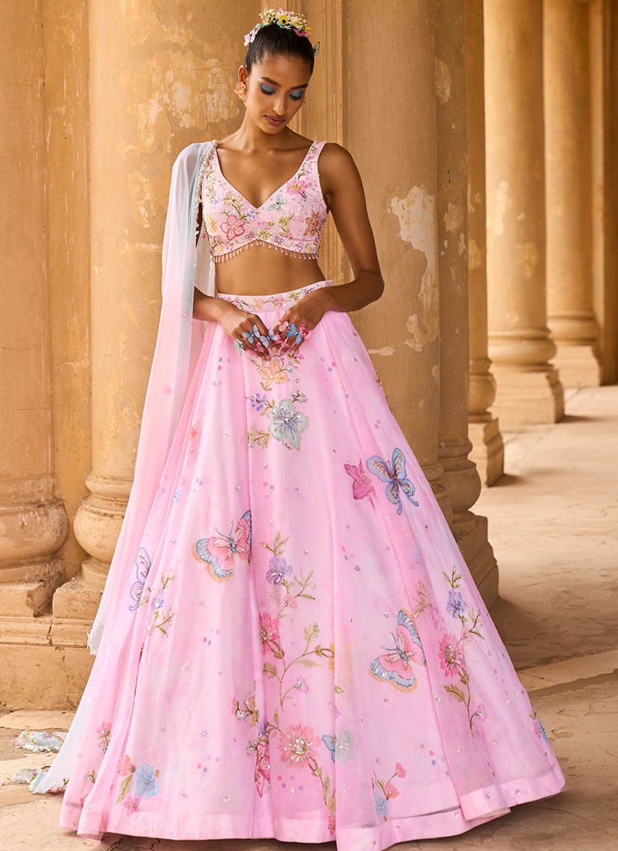 Women Lashkaraa | Light Pink Embellished Chiffon Lehenga