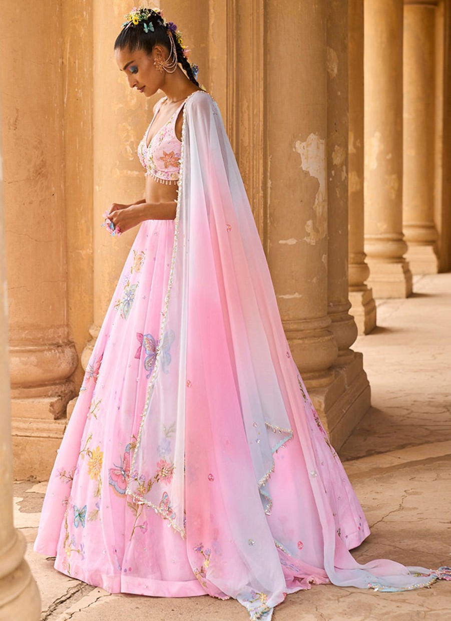 Women Lashkaraa | Light Pink Embellished Chiffon Lehenga