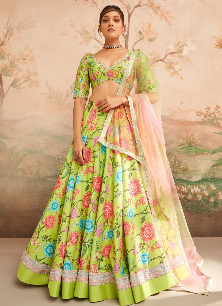 Women Lashkaraa | Green Floral Printed Lehenga