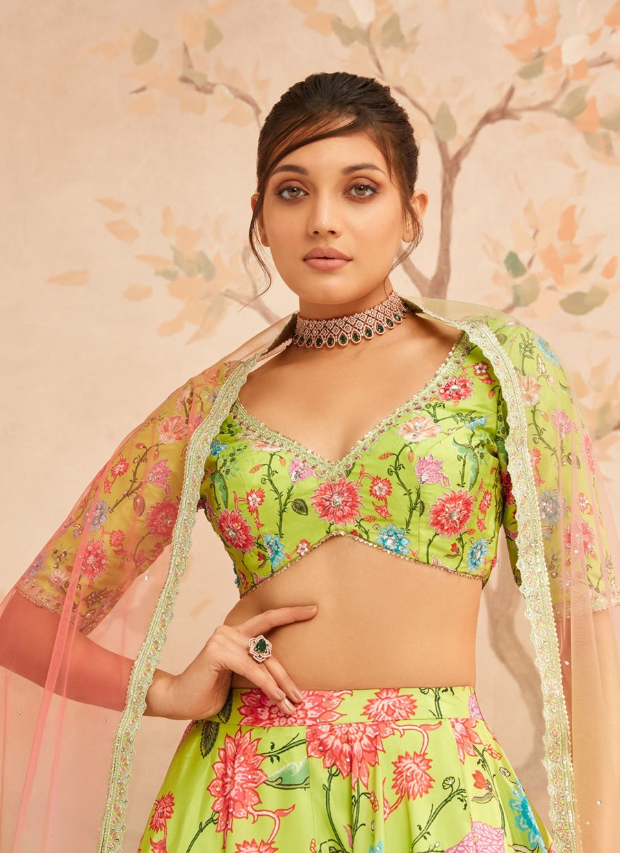 Women Lashkaraa | Green Floral Printed Lehenga