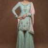 Women Lashkaraa | Dusty Mint And Pink Georgette Gharara Suit