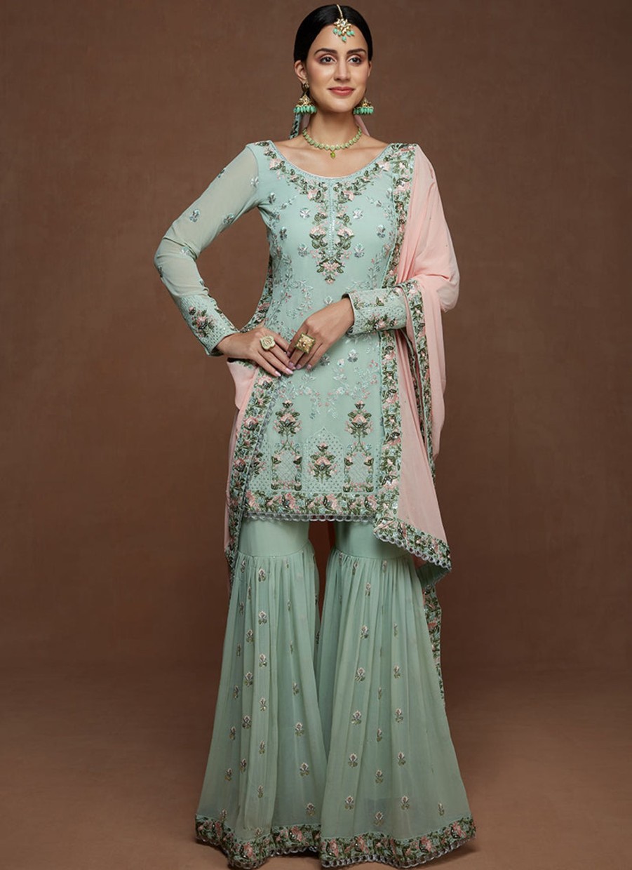 Women Lashkaraa | Dusty Mint And Pink Georgette Gharara Suit