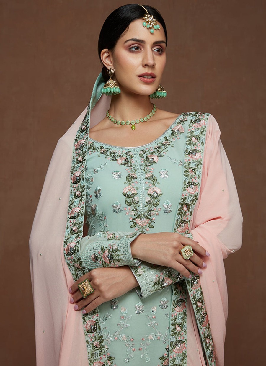 Women Lashkaraa | Dusty Mint And Pink Georgette Gharara Suit