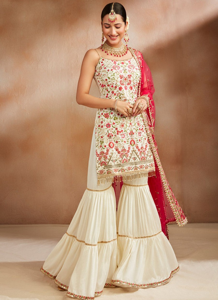 Women Lashkaraa | Off White Multicolor Embroidered Gharara Suit